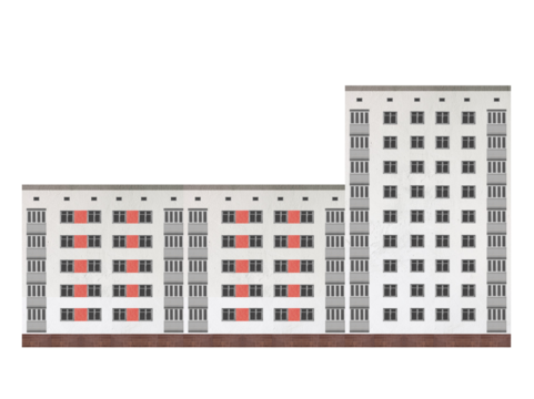 A white multi-story apartment building consisting of a low five-story section and a nine-story high section, isolated on transparent background.