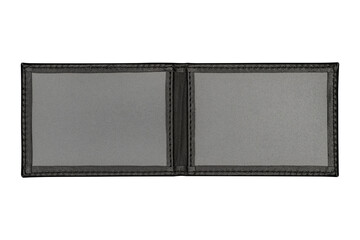 Black ID card holder leather cover frame for two cards with empty space isolated on transparent background.	