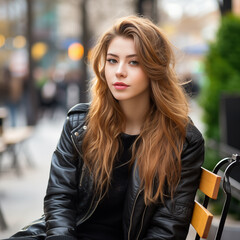 Young stylish woman sitting outdoors in a European city.