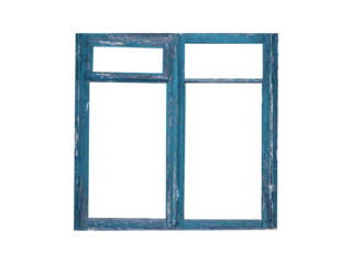 Old blue wooden window frame with four sashes isolated on transparent background.	