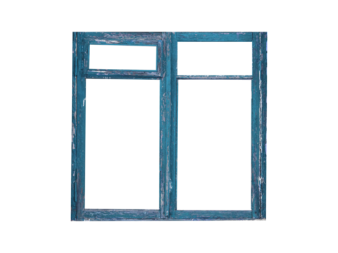 Old blue wooden window frame with four sashes isolated on transparent background.	