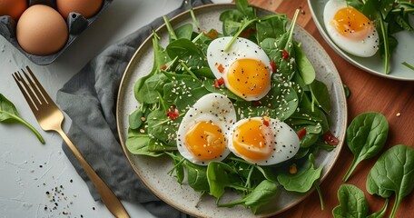 A Healthy Breakfast Salad of Fresh Spinach, Eggs, and Vegetables on a Plate