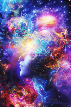 Mystical Connection Between Mind and Universe.
A side profile of a human head connected to cosmic and mystical elements.