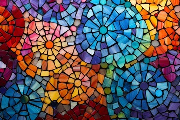An abstract mosaic composed of small, colorful tiles forming an intricate pattern. - obrazy, fototapety, plakaty