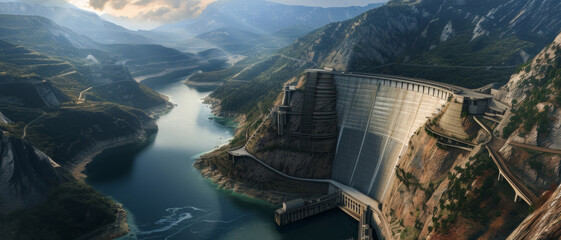 Majestic dam curves across a river gorge, a marvel of engineering amidst the grandeur of mountainous terrain - obrazy, fototapety, plakaty