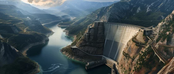 Tischdecke Majestic dam curves across a river gorge, a marvel of engineering amidst the grandeur of mountainous terrain © Ai Studio