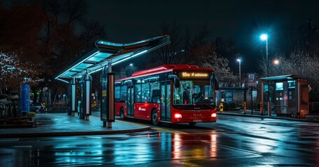Capturing the Red Bus as It Stops at the Station - obrazy, fototapety, plakaty
