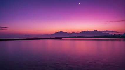 sunset over the lake A smooth gradient of colors from purple to blue, resembling the sky at dusk. The colors blend  