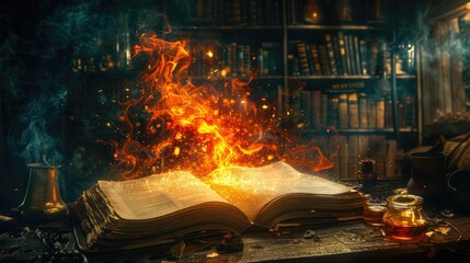 The Burning Pages: An Ancient Tome of Fiery Symbols - obrazy, fototapety, plakaty