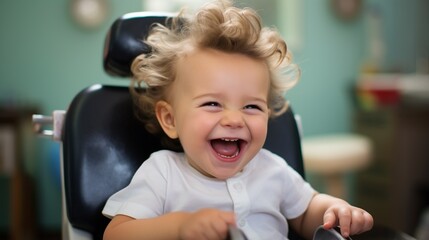 Fototapeta premium Portrait of a happy little boy sitting in an armchair. AI.