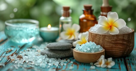 Fototapeta na wymiar Holistic Harmony - Beauty treatment items for spa procedures on wooden table, massage stones, essential oils and sea salt