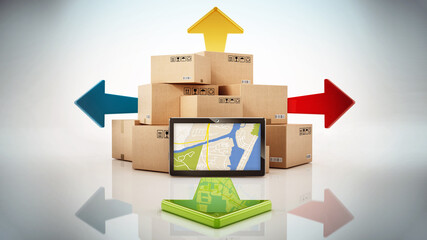 Cargo boxes, four way arrows and tablet computer withGPS map. 3D illustration