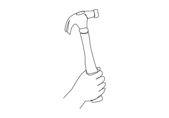 Hammer in Continuous one simple single line drawing. One line drawing background. Continuous line drawing of hammer and nail. Vector illustration.
