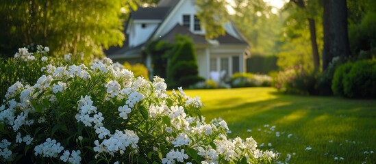 Obraz premium Captivatingly Beautiful White Flowers Blooming Near a Stunning House adorned with Beautiful, White Flowers Near a Lovely House