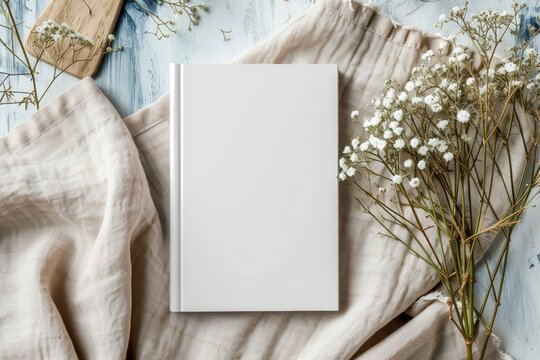 A blank book mockup on a linen textured surface surrounded by delicate gypsophila flowers.
