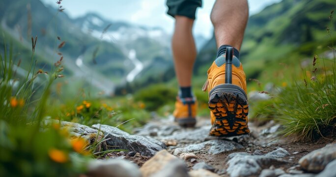Men's legs with sports shoes run along a mountain path