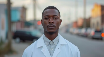 Fototapeta premium A confident man in a crisp white coat strides down the busy city street, his human face illuminated by the glow of passing cars, exuding professionalism and determination