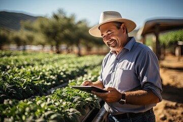 farmer using hand holding tablet and organic vegetables hydroponic in greenhouse plantation. Generative AI