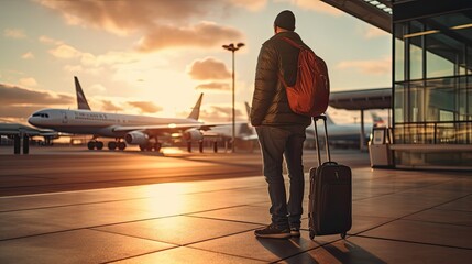Man with backpack walks to plane ramp.Generative AI