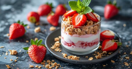 A Harmonious Blend of Fresh Fruits, Cream, and Strawberries for a Delightful Breakfast Treat