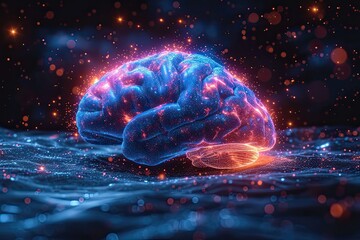 Human brain hologram on black background.Generative AI