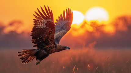 The Madagascar Serpent Eagle in flight against the backdrop of a dramatic sunrise over the savannah.Generative AI