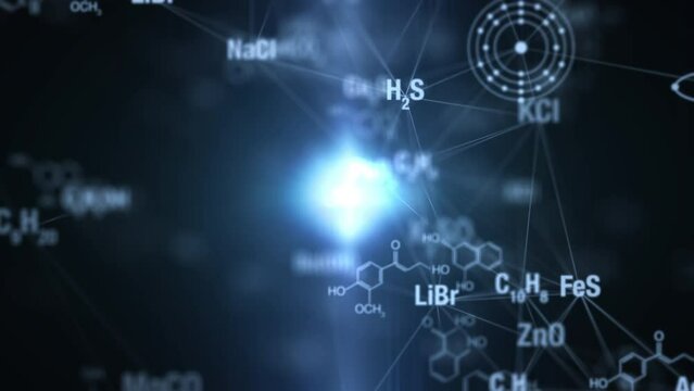 青い光の背景に化学式が光って消えていく空間、chemistry、電子配置、周期表、原子