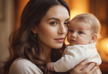 Loving mom carying of her newborn baby at home. Bright portrait of happy mum holding sleeping infant child on hands. Mother hugging her little 2 months old son.