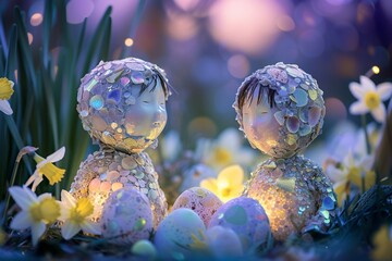 Two child-like figures, crafted from delicate Easter eggshell mosaics, represent the essence of children's wonder during Easter. They are set against a blurred, enchanting moonlit Easter garden - obrazy, fototapety, plakaty