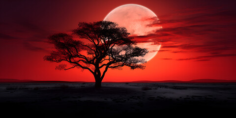 Mysterious fogshrouded landscape by a deep red blood moon with dead tree - obrazy, fototapety, plakaty