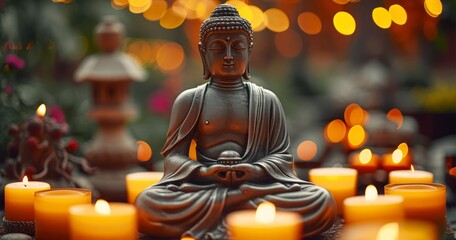 Spiritual Oasis - Buddha Statue With Candles In Natural Background