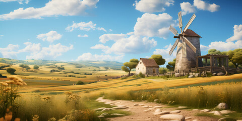 Beautiful windmill house landscape background 