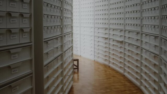 Archive Cabinets Corridor Document Files Tracking Shot. Camera zooming through an archive cabinet corridor. Tracking shot