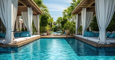 Fototapeta premium Summer Serenity - Luxurious Relaxation by the Water in a Tropical Resort Pool, A Blue Oasis for Vacation Bliss