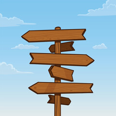 Wooden hiking trail signpost with blue sky and clouds with space for writing.