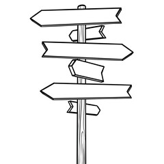 Signpost sign with many arrows in black and white with space for writing.