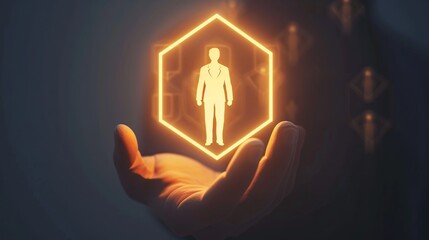 HR requirement . Abstract 3d human hand hold leader icon in hexagon on top of people pyramid. Manage human resources, team leader, recruitment process, change personnel, career growth, leadership - obrazy, fototapety, plakaty