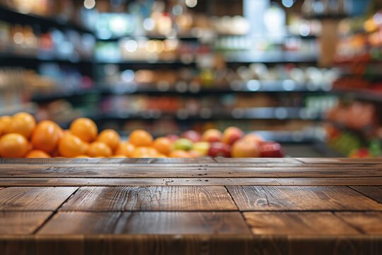 Wooden texture table top on blurred supermarket or grocery store and bokeh