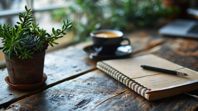 goals list with notebook, coffee cup, plant on wooden table. Resolutions, plan, goals, action, checklist, idea, notebook, wood, book, paper, nature, desk, business, spring, summer