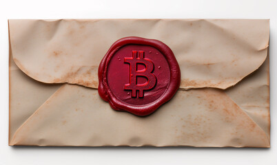 Bitcoin red wax seal on the old envelope, isolated white background. Generative AI image.
