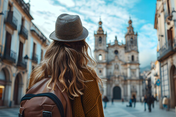 Fototapeta premium Traveler girl looking at cathedral in old town of Spanish city, solo trip to Spain