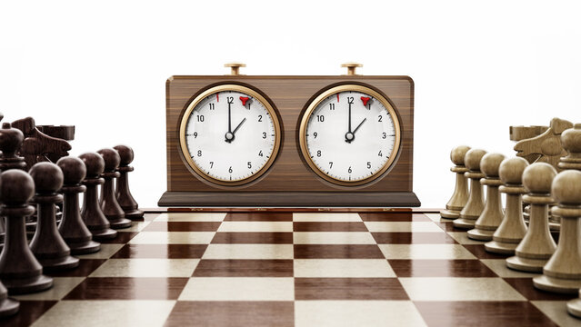 Wooden retro chess clock and chess board isolated on white background. 3D illustration