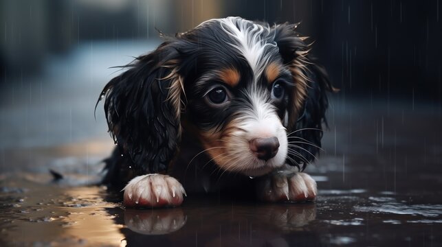 Homeless puppy, a small canine, lies on a wet street, portraying the challenges faced by adorable animals in need.