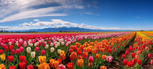 A field of colorful tulips in full bloom, AI Generative.