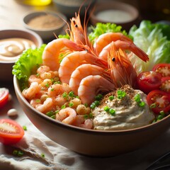 A bowl of shrimp and vegetables with a dip