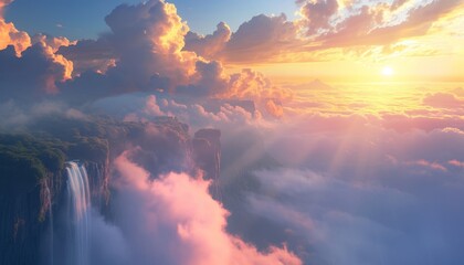 Sunrise with mountains and waterfalls. mist. Soft and dreamy. high horizon. landscapes, atmospheric clouds