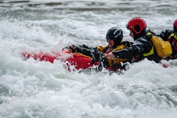 Fototapeta na wymiar Kayaker Rescue Team Perfecting Their Skills in a Practice Session