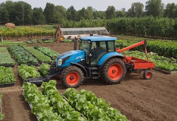 tractor in meadow with summer flowers mowing grass under blue sky in the netherlands in dutch province of utrecht