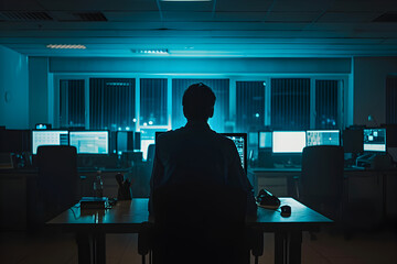 Silhouette of a Person Working in Cybersecurity Department - obrazy, fototapety, plakaty