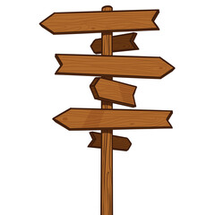 Wooden hiking trail signpost with many arrows on a white background with space for writing.